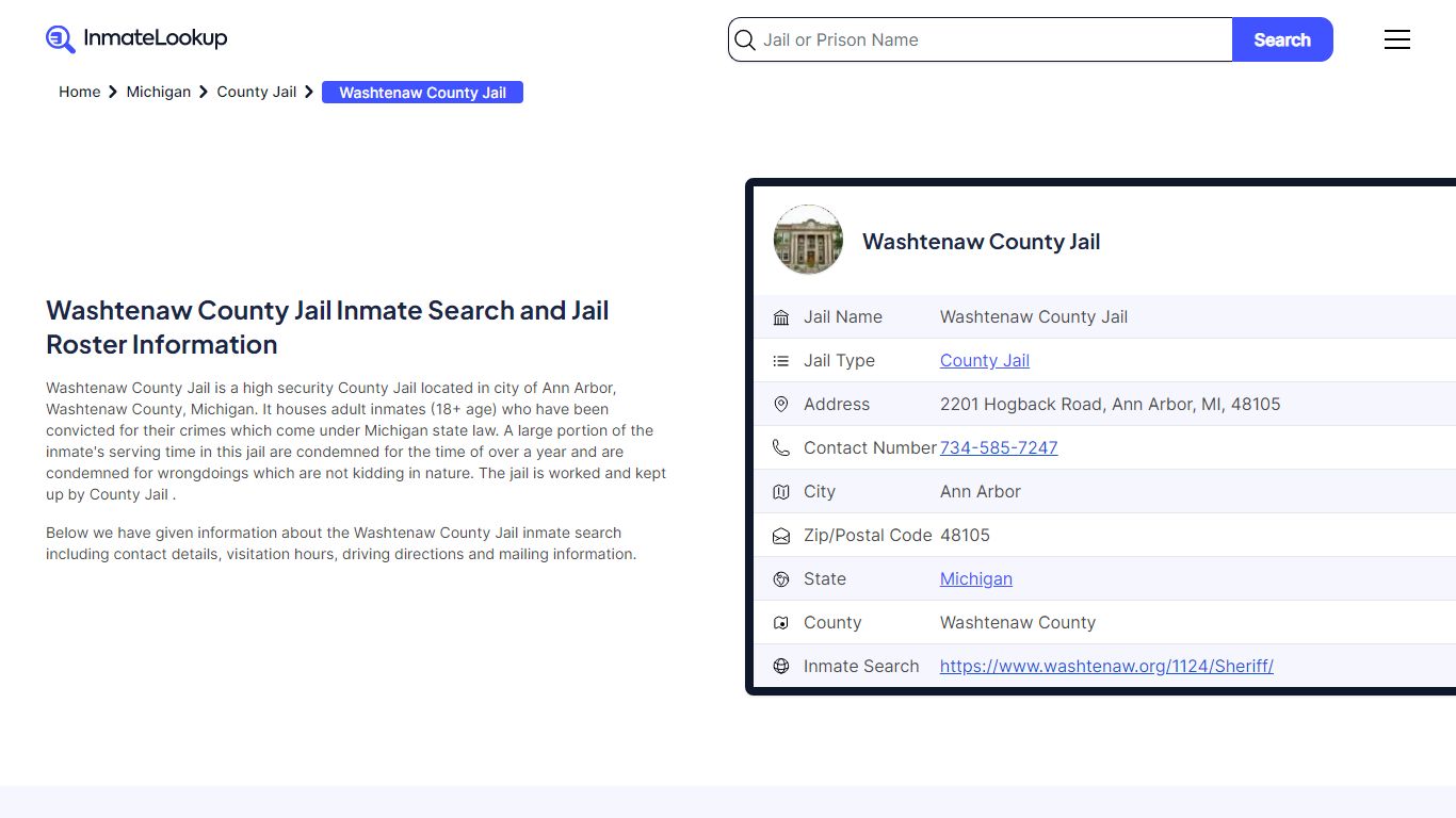 Washtenaw County Jail Inmate Search and Jail Roster Information